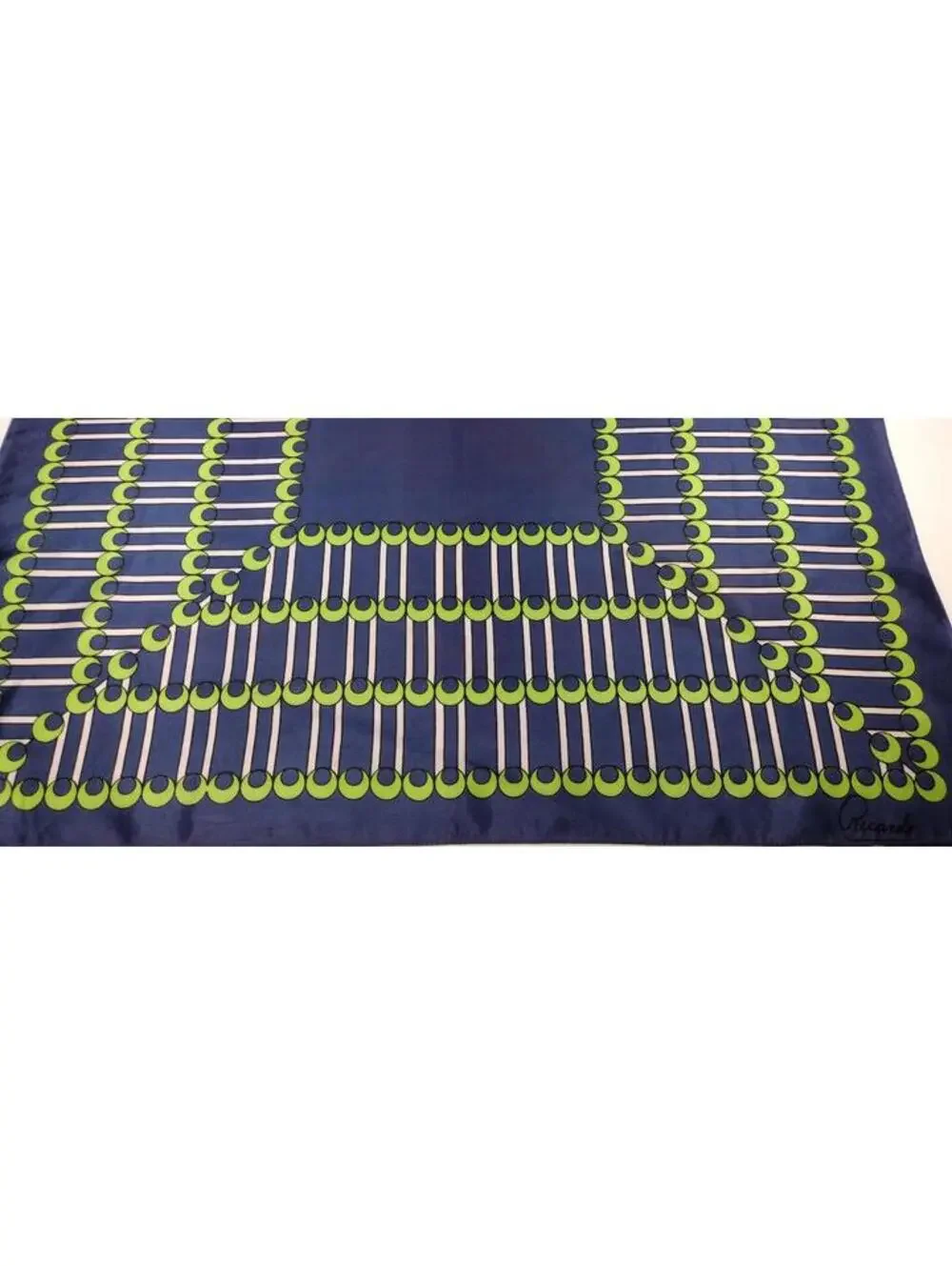 Vintage Blue Satin Scarf RICARDO POP ART Green MODERNISM FLAMBOYANT CUBAN STYLE